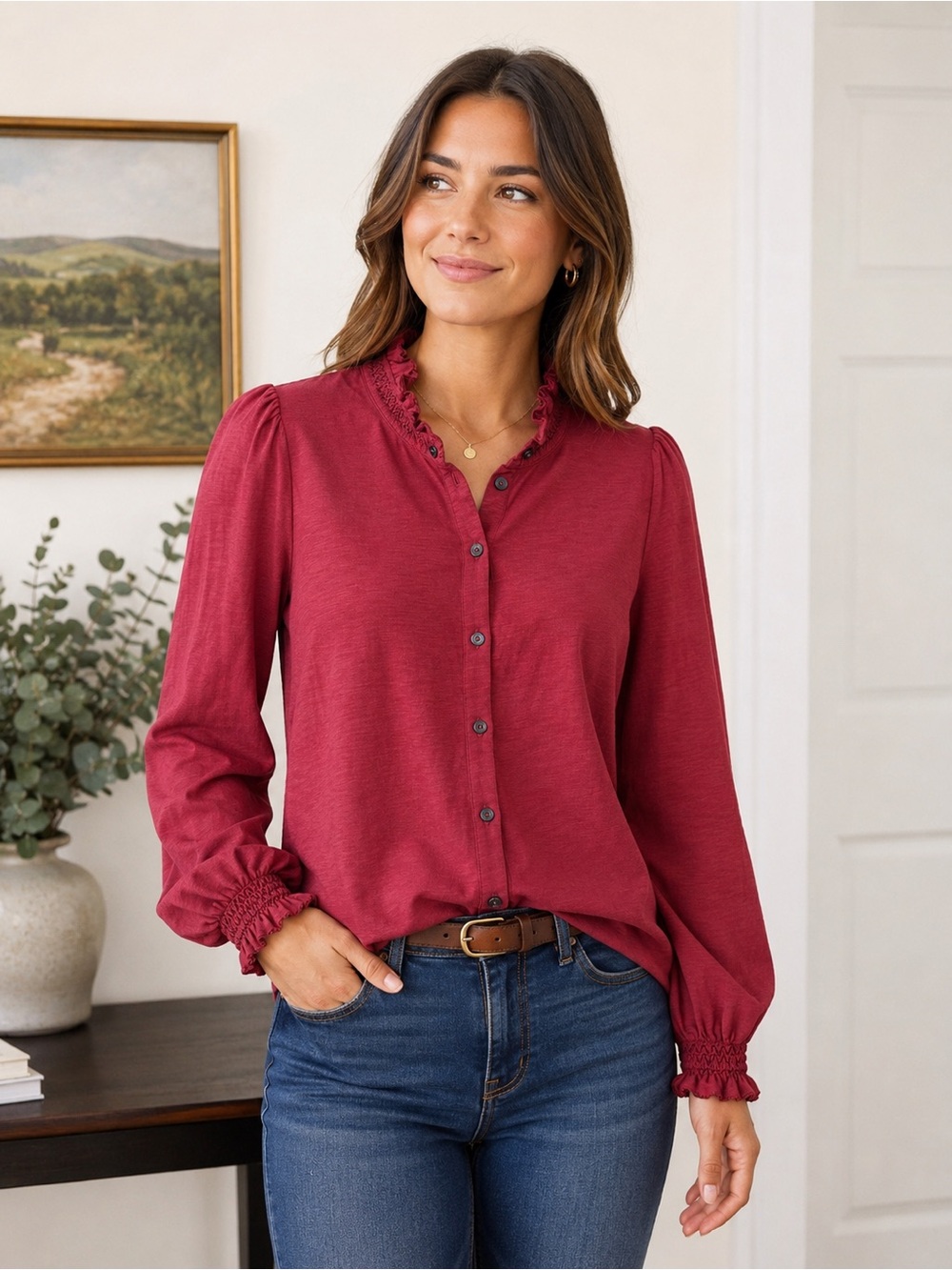 Boden Ruffle Neck Button Front Blouse Burgundy Long Sleeve Size US 12
